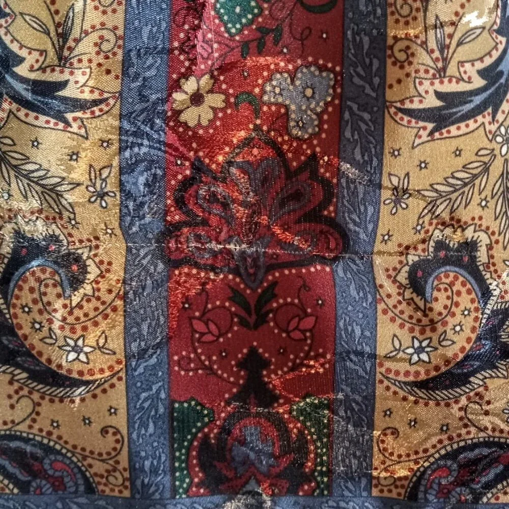 Vintage Tan Blue Red Paisley Jacquard Oblong Fringed Scarf